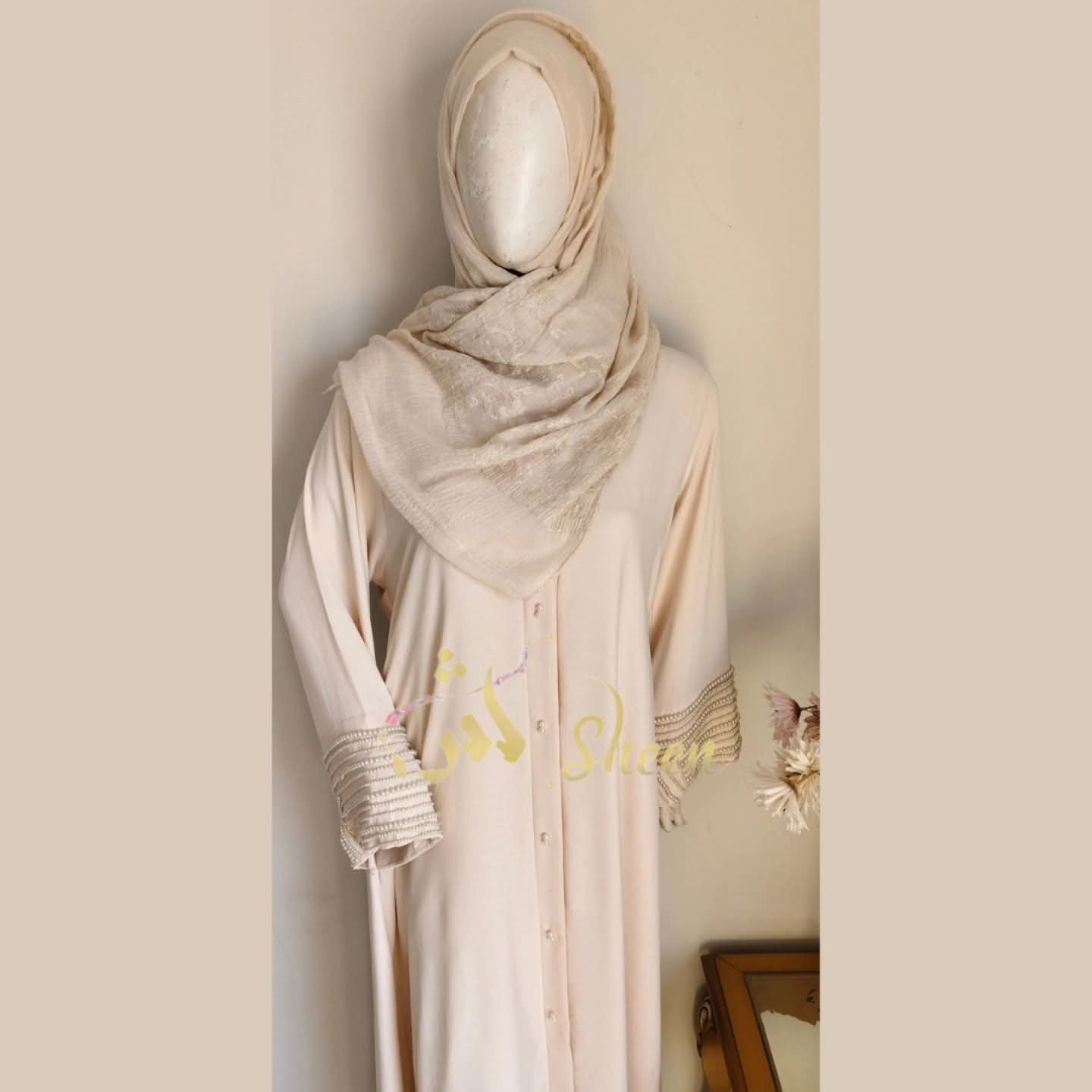 1b38f798-7768-4090-97c5-824b395608a7 Pearl Embellished Beige Abaya - Image 1