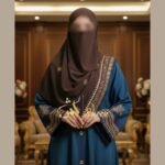 Teal blue front open block print abaya with decorative sleeves and contrast brown stole