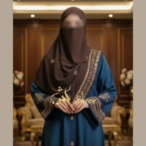 Teal blue front open block print abaya with decorative sleeves and contrast brown stole