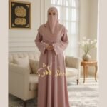Dusty pink front open formal abaya with sequin and beadwork sleeves and matching stole