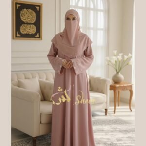 Dusty pink front open formal abaya with sequin and beadwork sleeves and matching stole