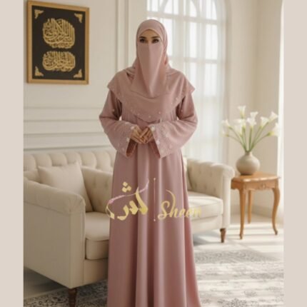 Dusty pink front open formal abaya with sequin and beadwork sleeves and matching stole