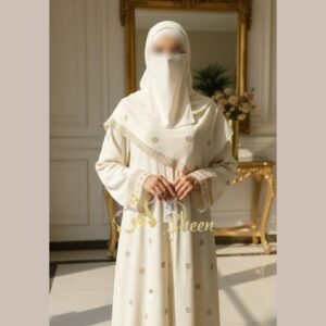 Cream front open block print abaya with matching stole in Korean crinkle nida fabric