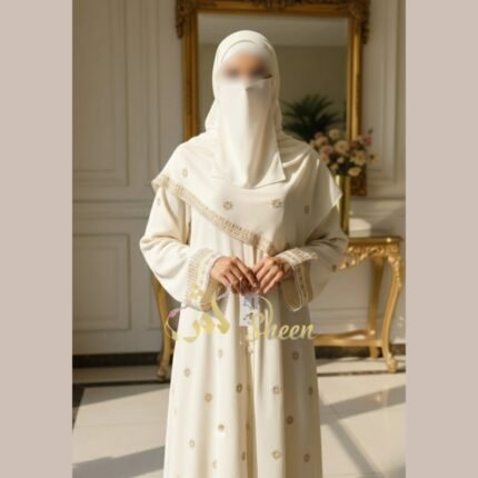 Cream front open block print abaya with matching stole in Korean crinkle nida fabric