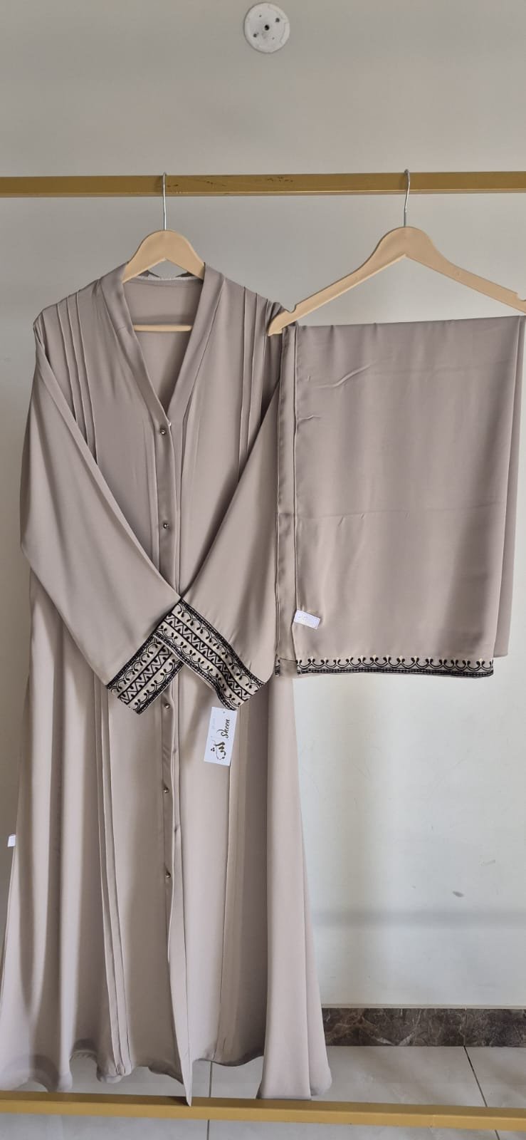 9ef46fa9-6126-4054-bb90-207809711476 Beige Embroidered Abaya Set with Dupatta - Image 1