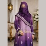 Royal purple front open block print abaya with printed sleeve border and matching stole
