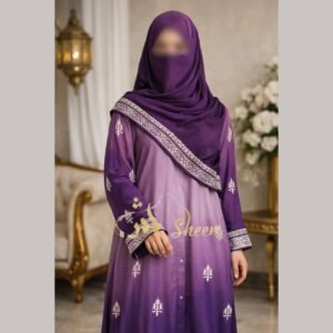 Royal purple front open block print abaya with printed sleeve border and matching stole