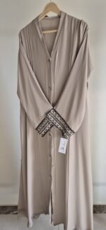 Beige Embroidered Abaya Set with Dupatta - Image 2